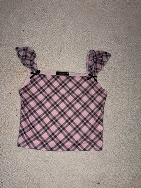 Pink Plaid Sleeveless Camisole with Bow-Trim Straps